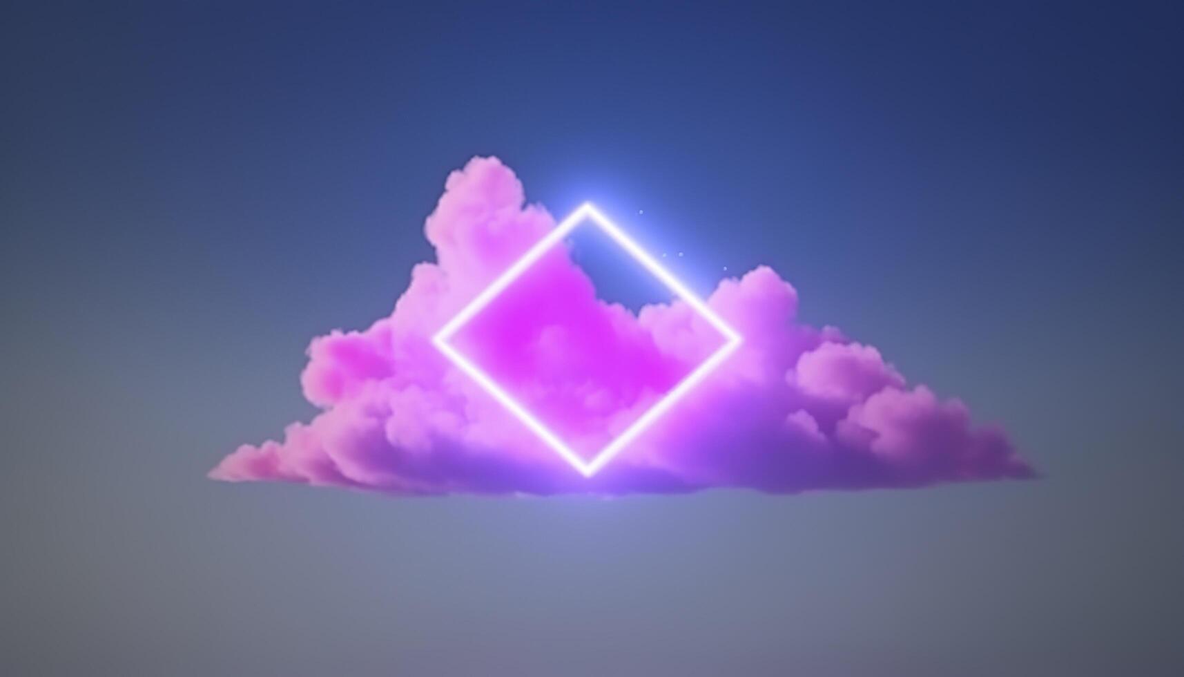 3d render, abstract minimal background with pink blue yellow neon light square frame with copy space, illuminated stormy clouds, glowing geometric shape, generate ai photo