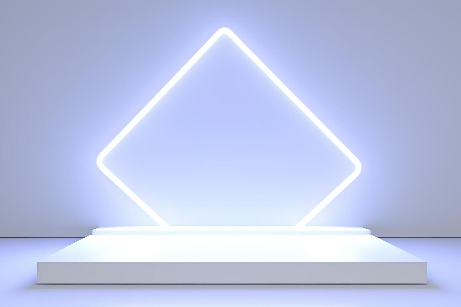 Realistic podium display with neon white lights, Product display background with light frame, White prodium product display with light effect, neon lights background, generate ai photo