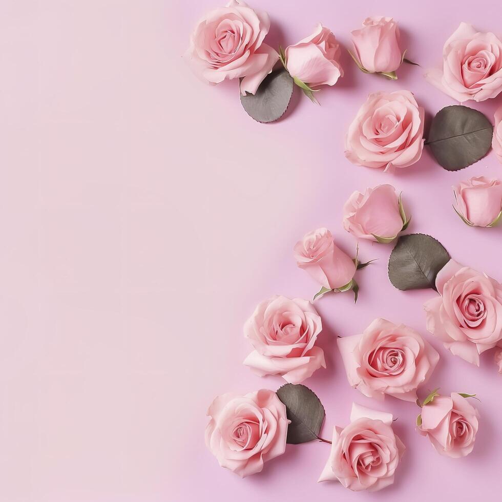 Banner from Bouquet frame of beautiful pink roses on pale pink background photo