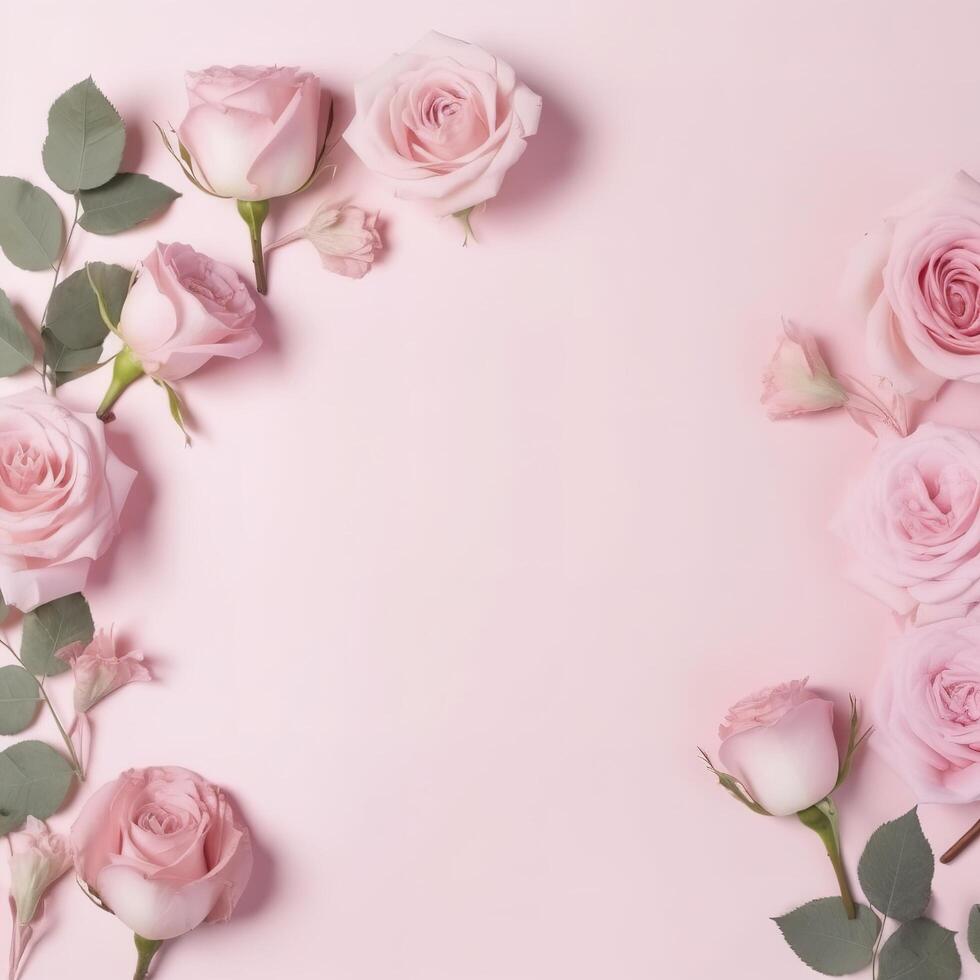 Banner from Bouquet frame of beautiful pink roses on pale pink background photo