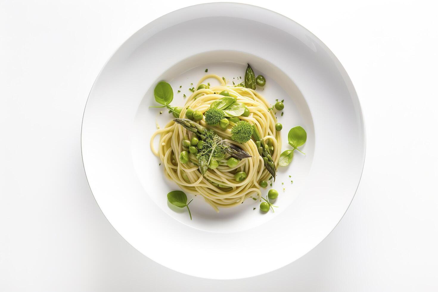 Traditional Italian spaghetti with asparagus in a herb sauce served as a top view on a Nordic design plate, photo