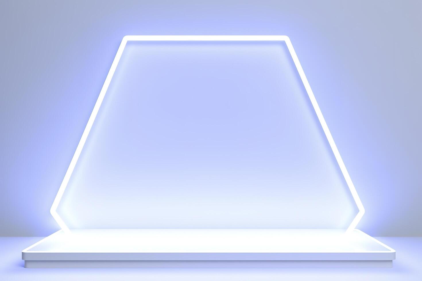 Realistic podium display with neon white lights, Product display background with light frame, White prodium product display with light effect, neon lights background, generate ai photo