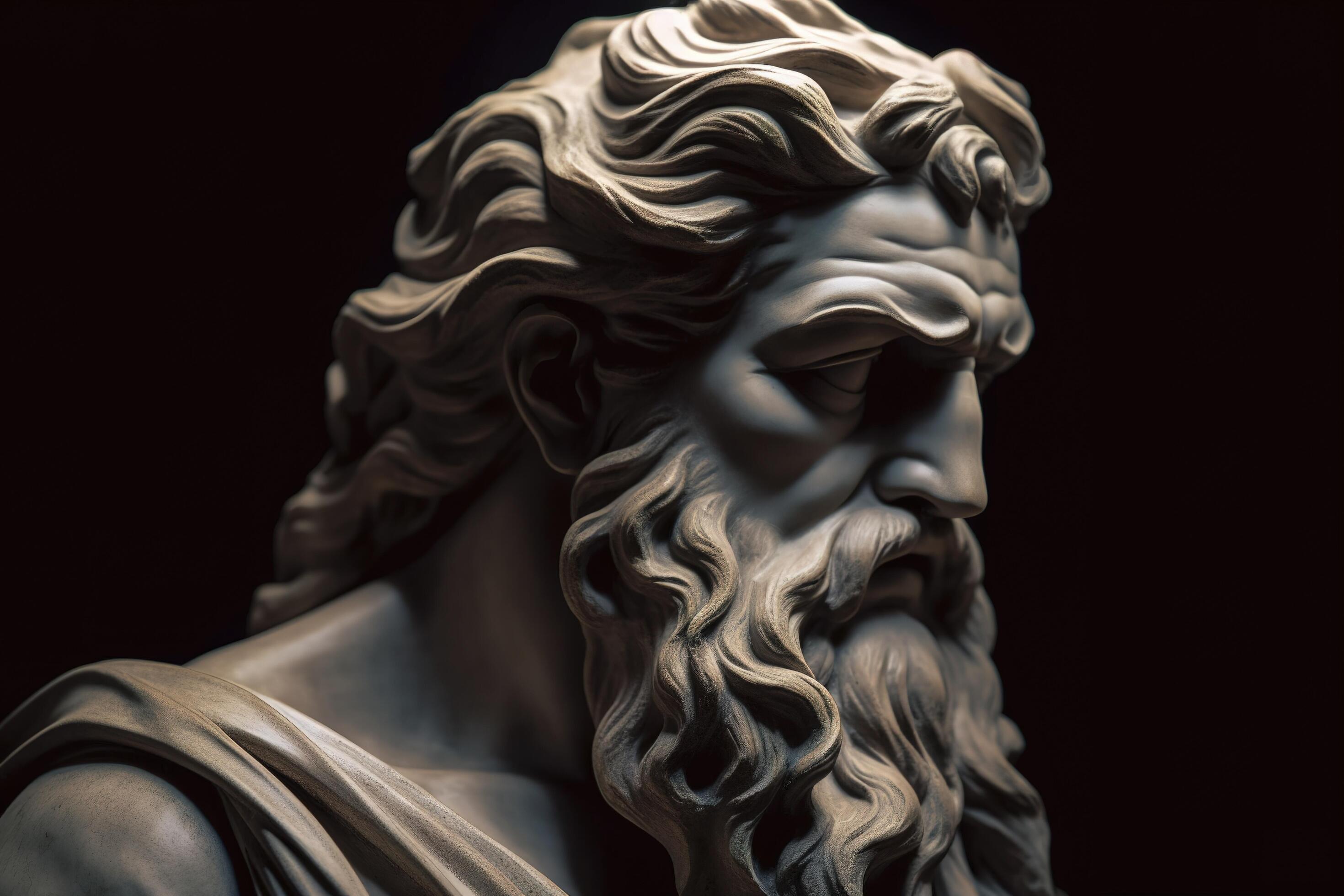 Head of greek god sculpture, statue of a man with long beard on dark