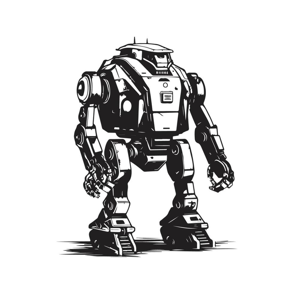 combat robot, vintage logo line art concept black and white color, hand drawn illustration vector