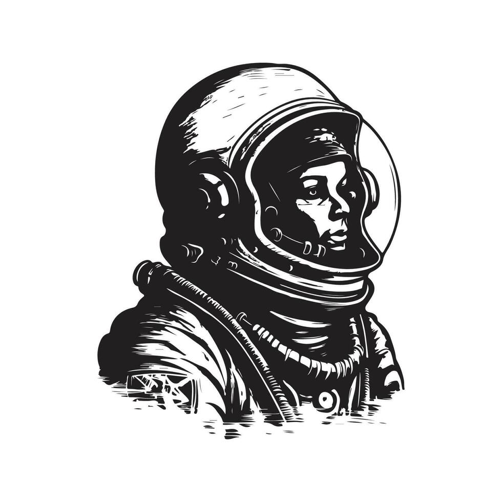 astronaut, vintage logo line art concept black and white color, hand drawn illustration vector