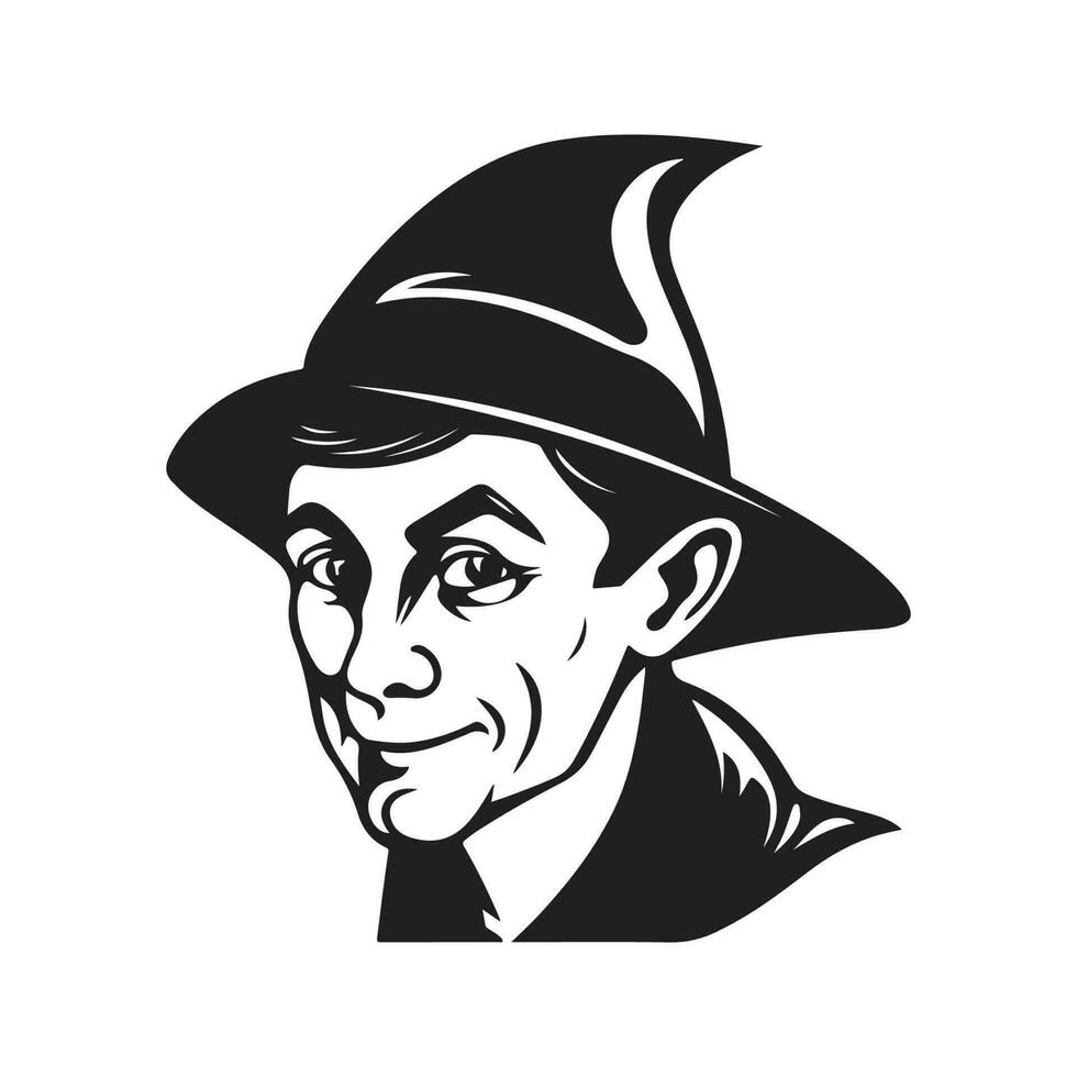 elf wearing hat, vintage logo line art concept black and white color, hand drawn illustration vector