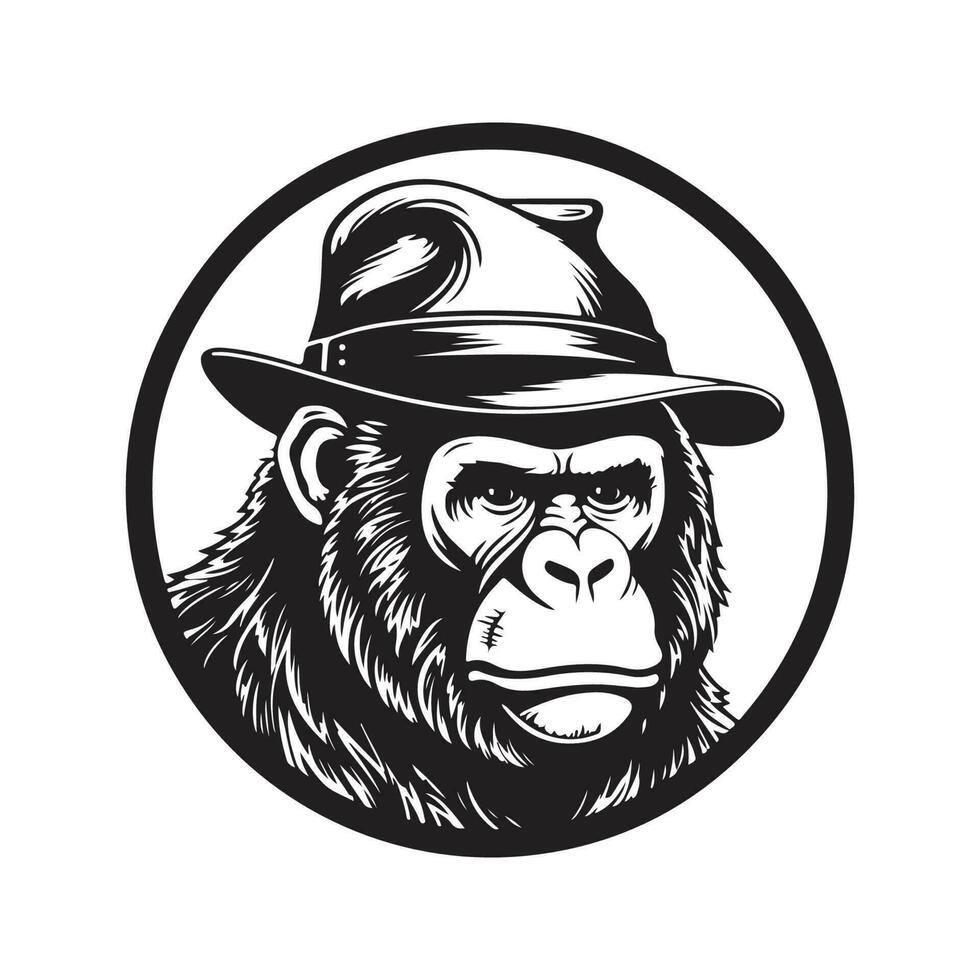 gorilla wearing hat, vintage logo line art concept black and white