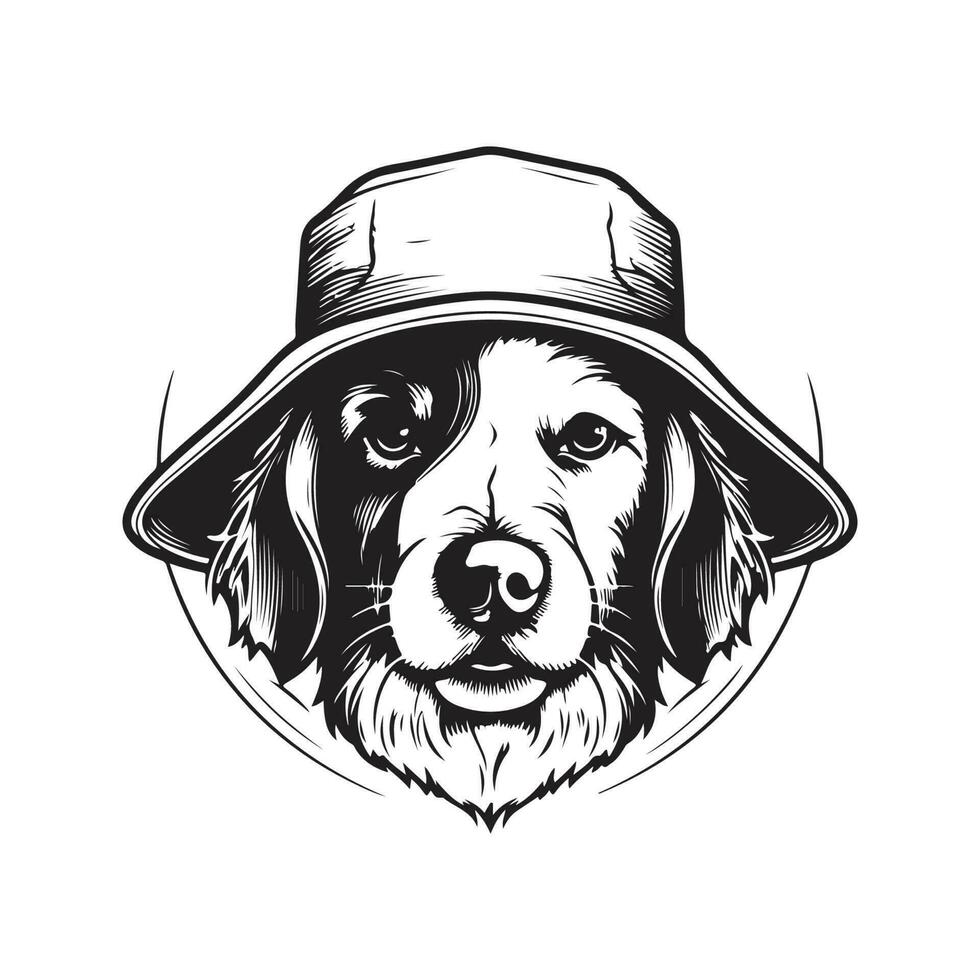 perro vistiendo Cubeta sombrero, Clásico logo línea Arte concepto negro y blanco color, mano dibujado ilustración vector