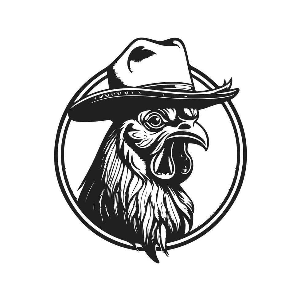 rooster wearing hat, vintage logo line art concept black and white color, hand drawn illustration vector