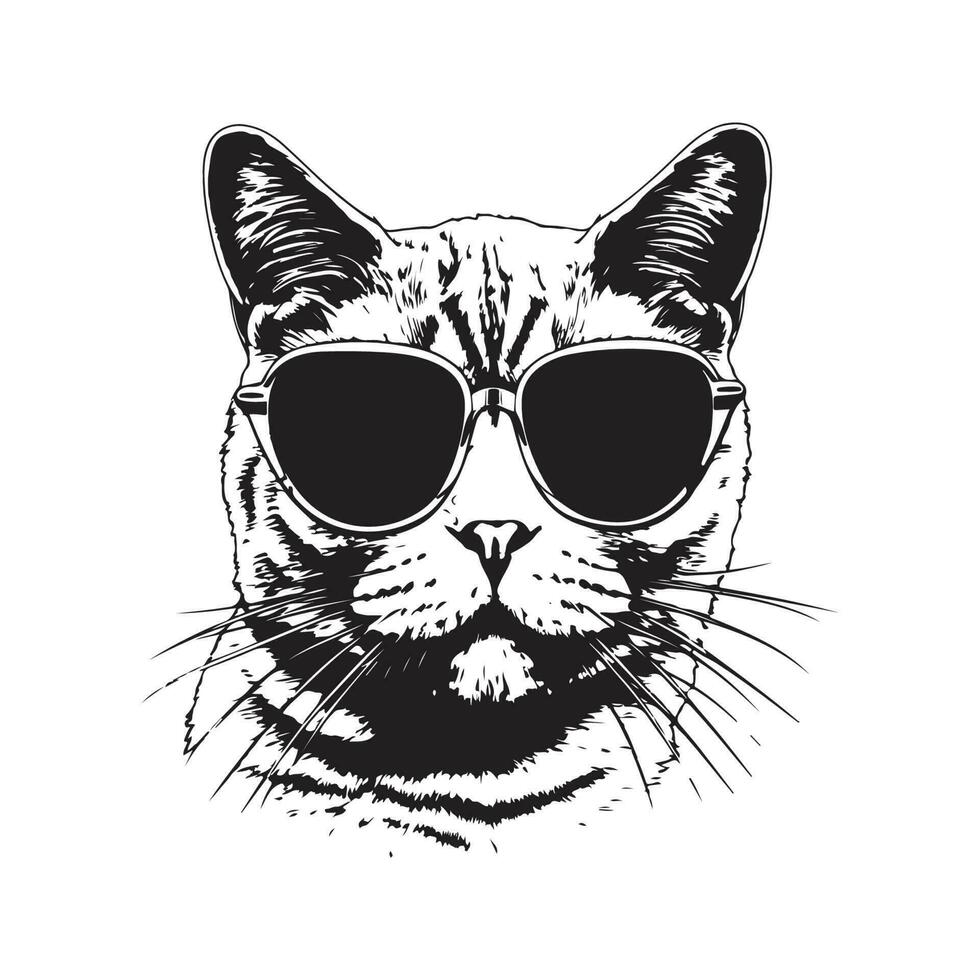 british cat with sunglasses, vintage logo line art concept black and white color, hand drawn illustration vector