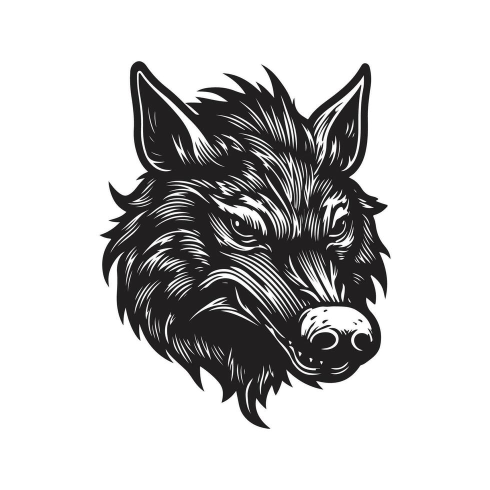 boar monster, vintage logo line art concept black and white color, hand drawn illustration vector
