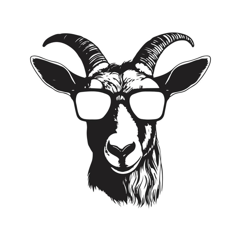 cabra vistiendo Gafas de sol, Clásico logo línea Arte concepto negro y blanco color, mano dibujado ilustración vector