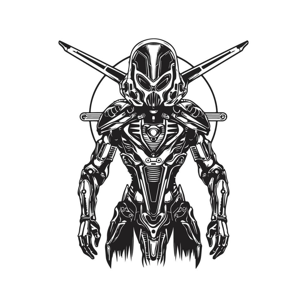battle alien cybernetic, vintage logo line art concept black and white color, hand drawn illustration vector