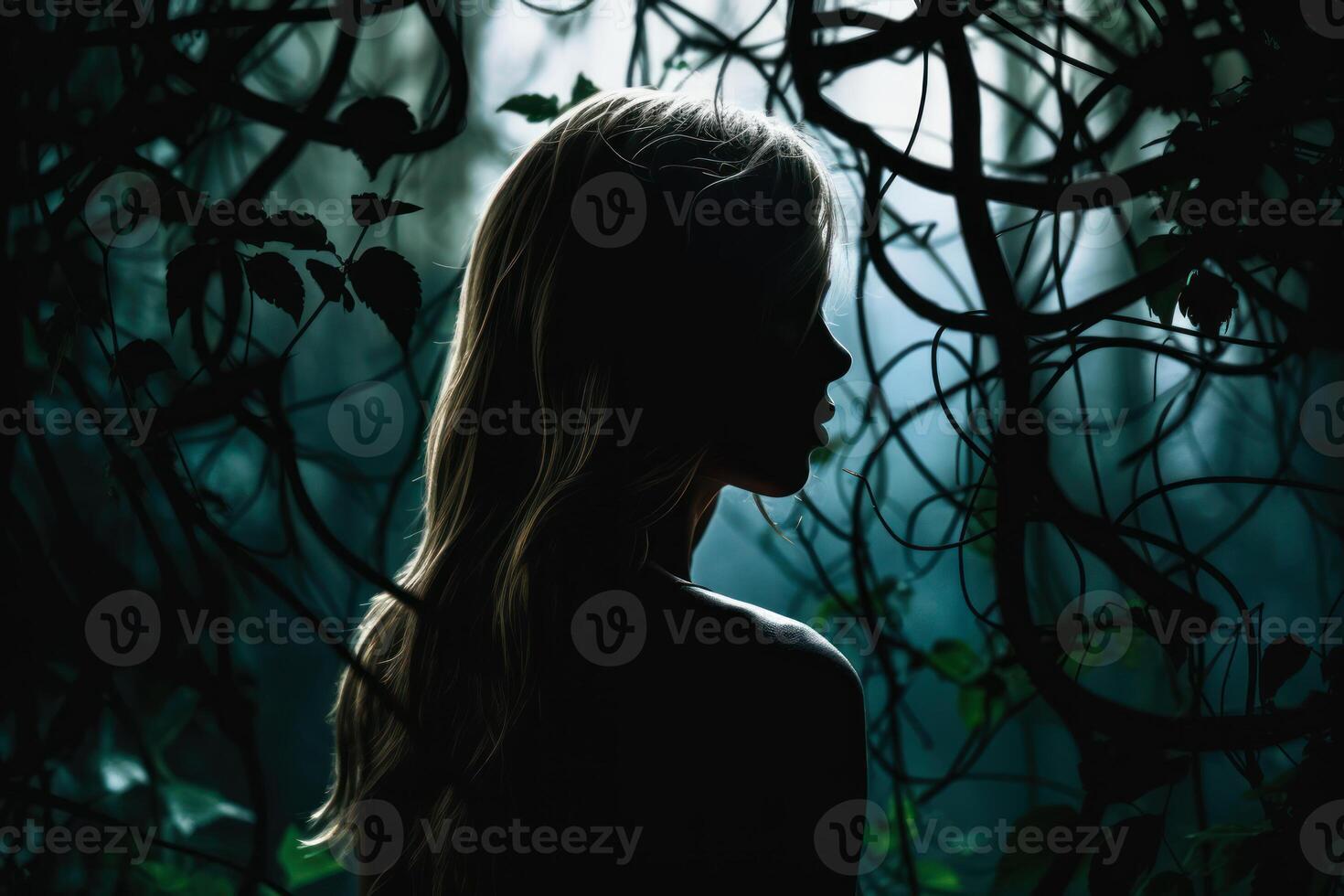 silhouette of a beautiful woman in the jungle photo
