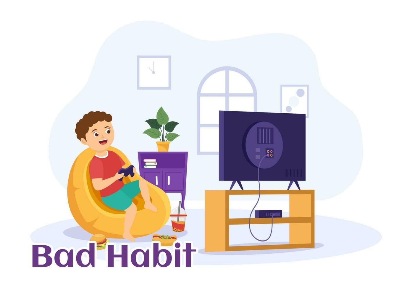 Bad Habit Vector Illustration with Unhealthy Lifestyle like Eating Fast Food or Alcohol Bottle in Kids Cartoon Hand Drawn Landing Page Templates