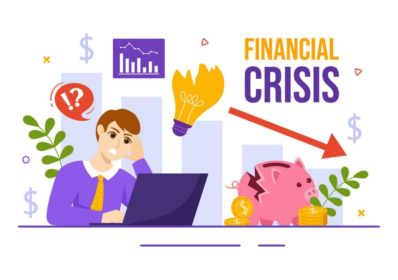 Financial Crisis Vector Illustration with Bankruptcy, Collapse of the Economy and Cost Reduction in Flat Cartoon Hand Drawn Landing Page Templates