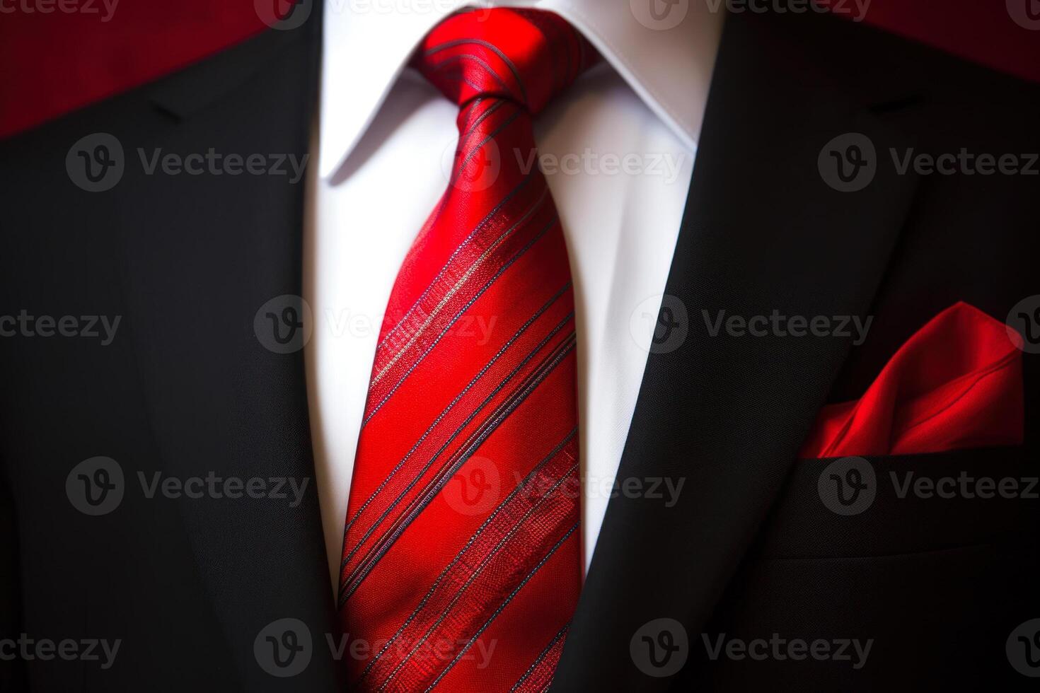 hombre con negro traje y rojo Corbata generativo ai foto