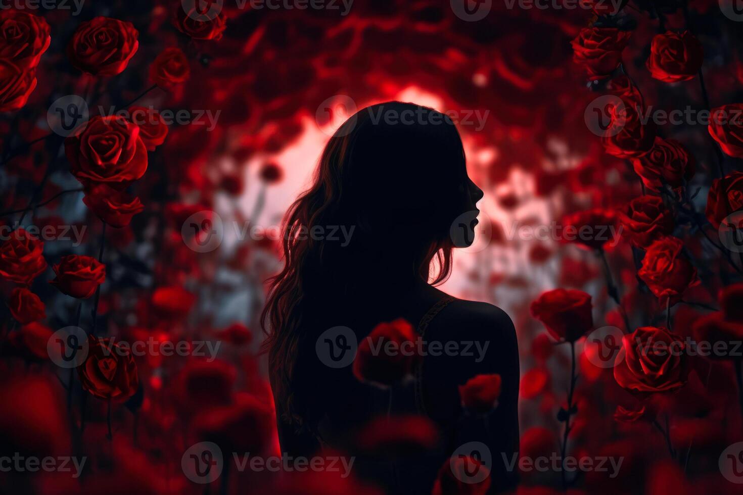 silhouette of a girl in red roses background for love card photo
