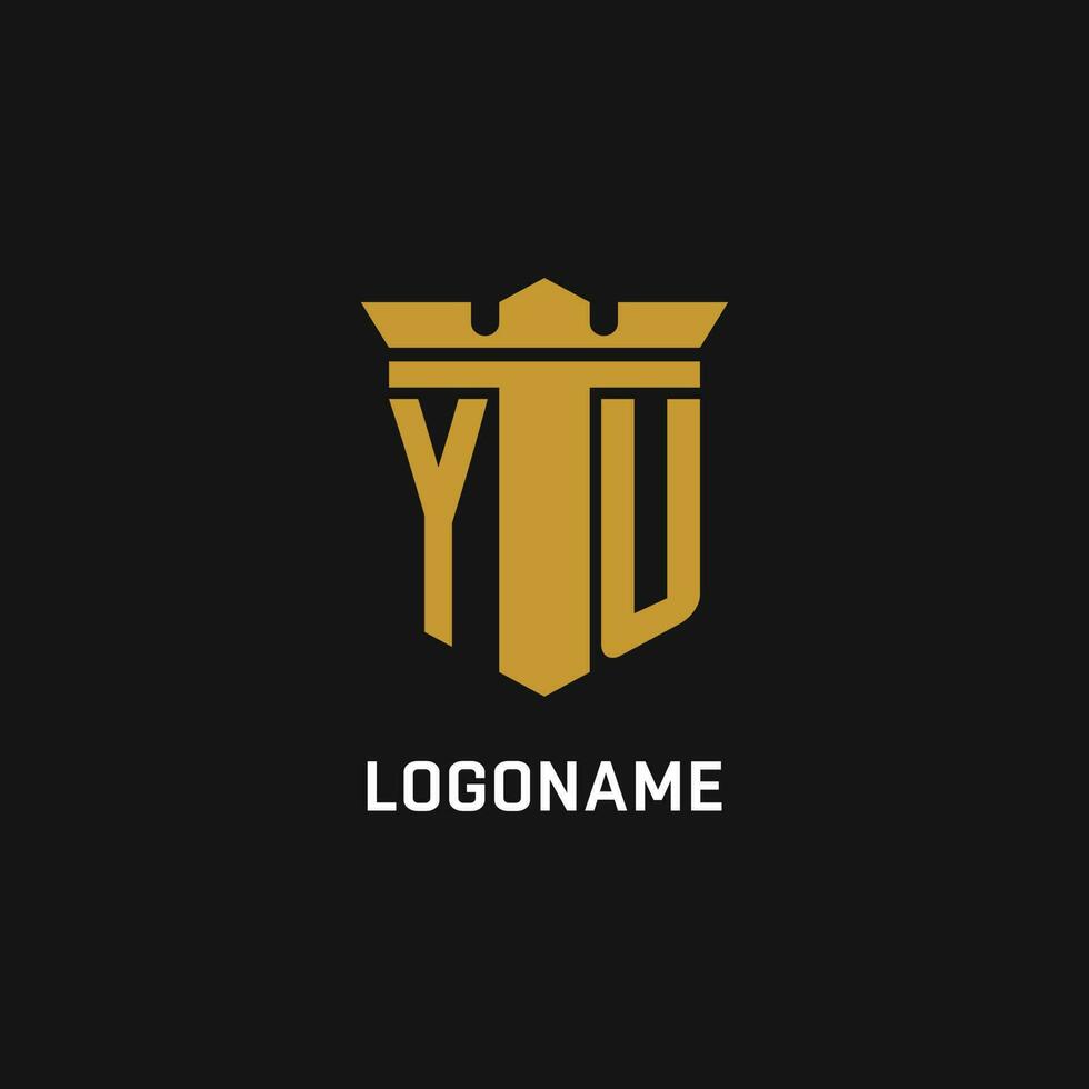 YU initial logo with shield and crown style vector