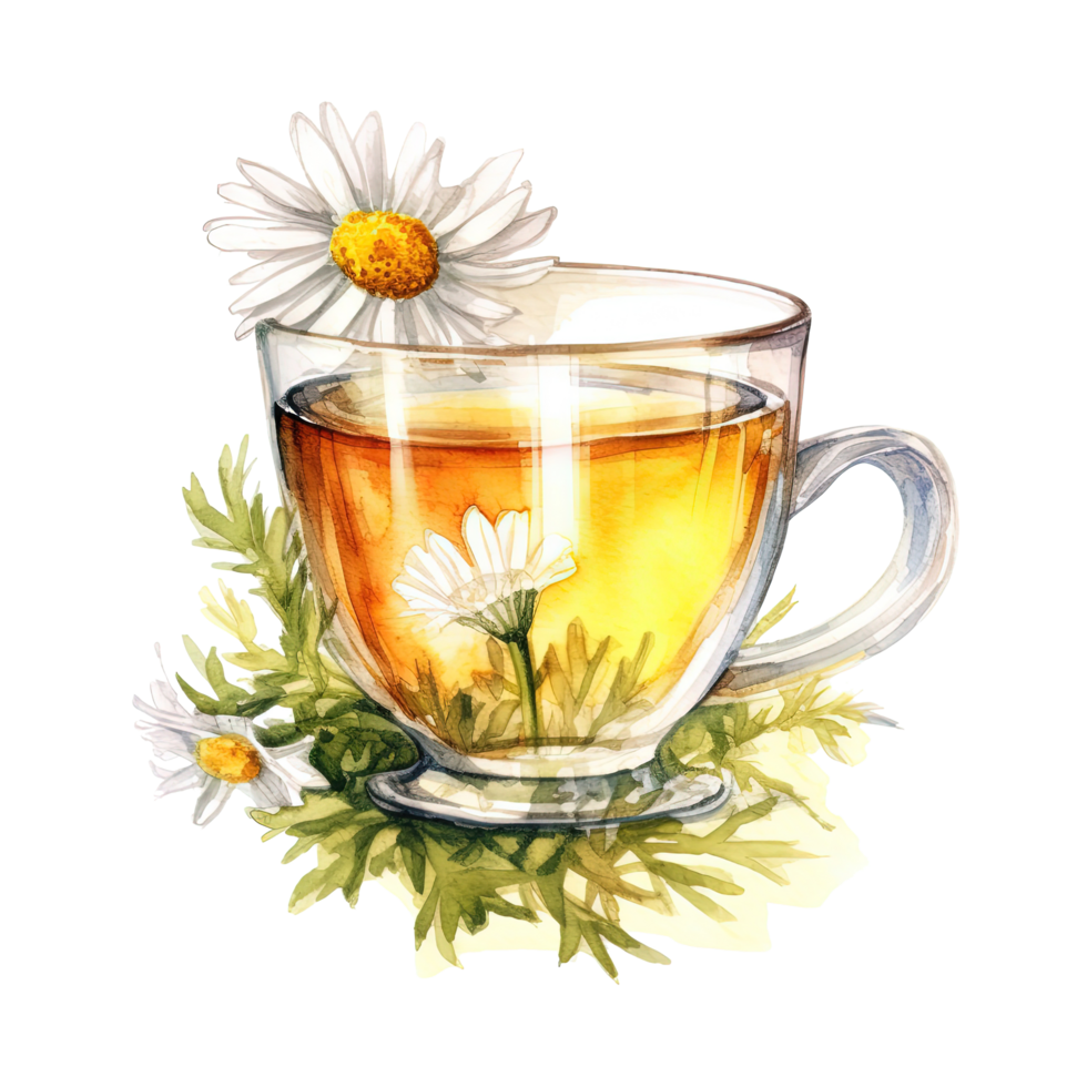 Watercolor chamomile tea. Illustration png