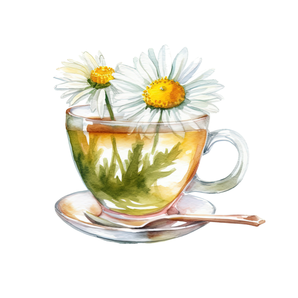 Watercolor chamomile tea. Illustration png