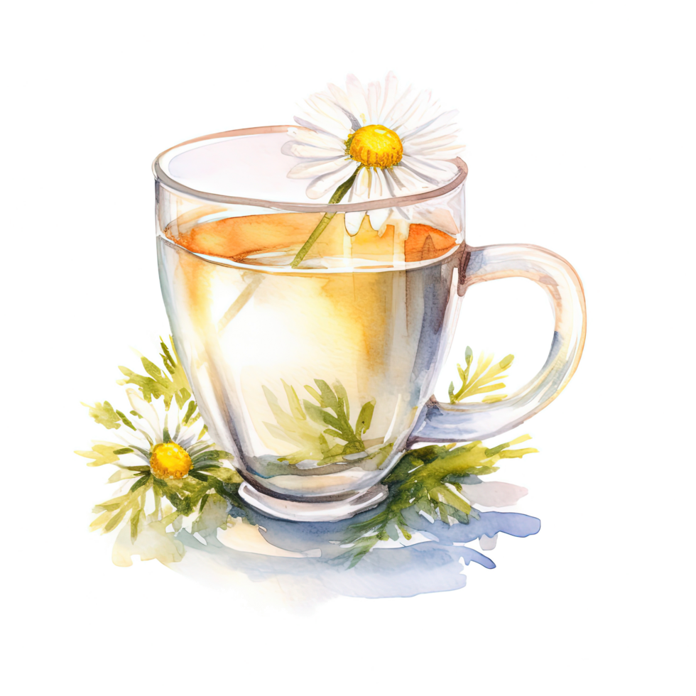 Watercolor chamomile tea. Illustration png