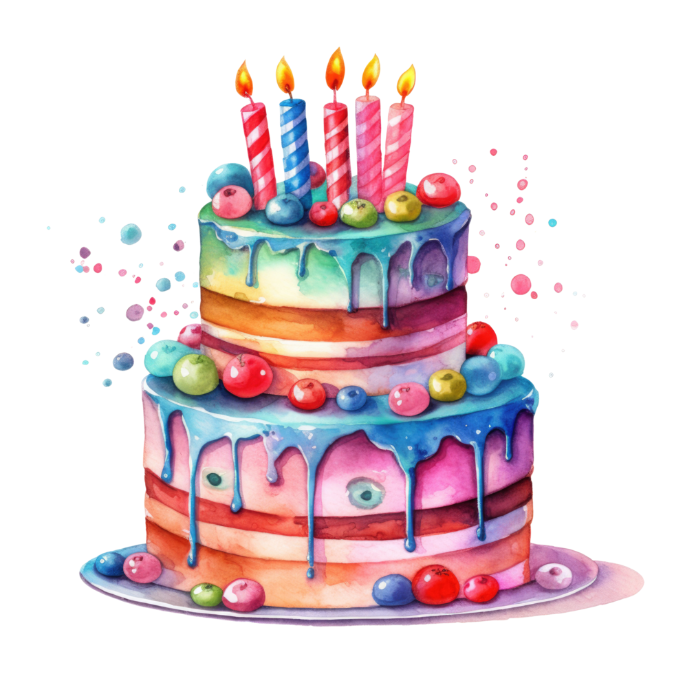 Watercolor Birthday Cake. Illustration AI Generative png