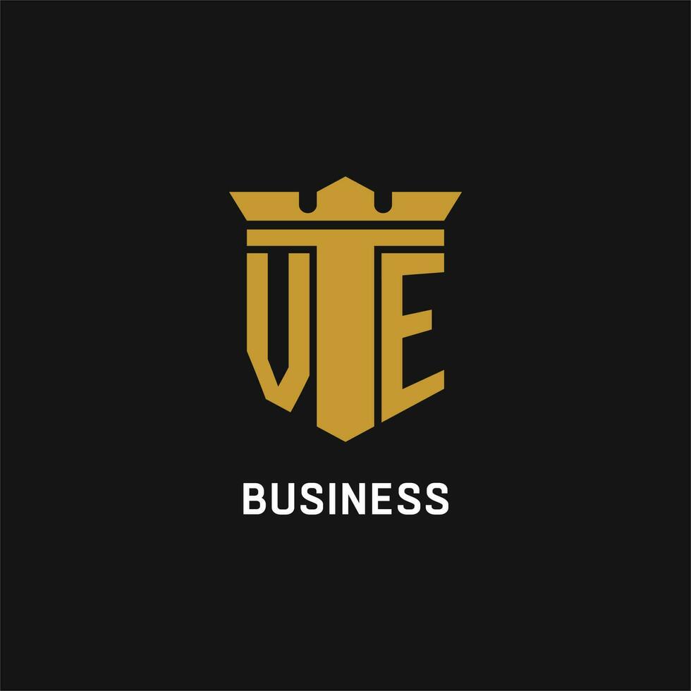VE initial logo with shield and crown style vector