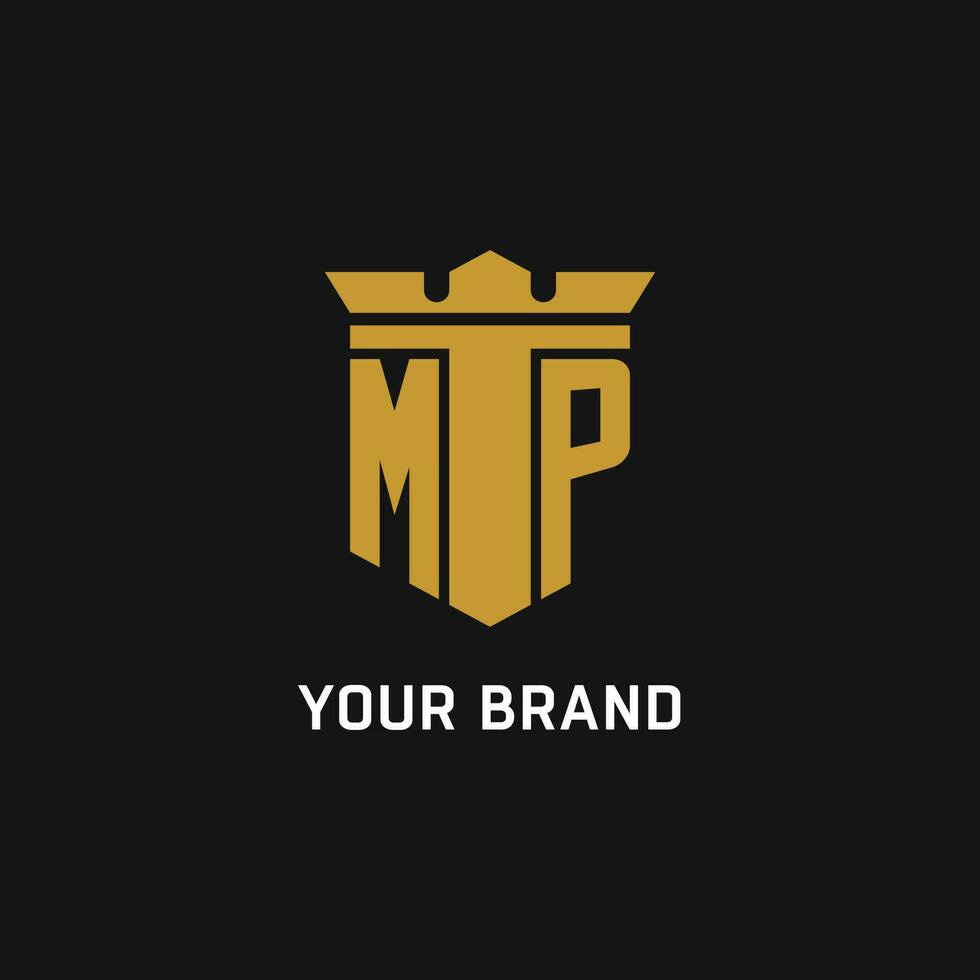 MP initial logo with shield and crown style vector