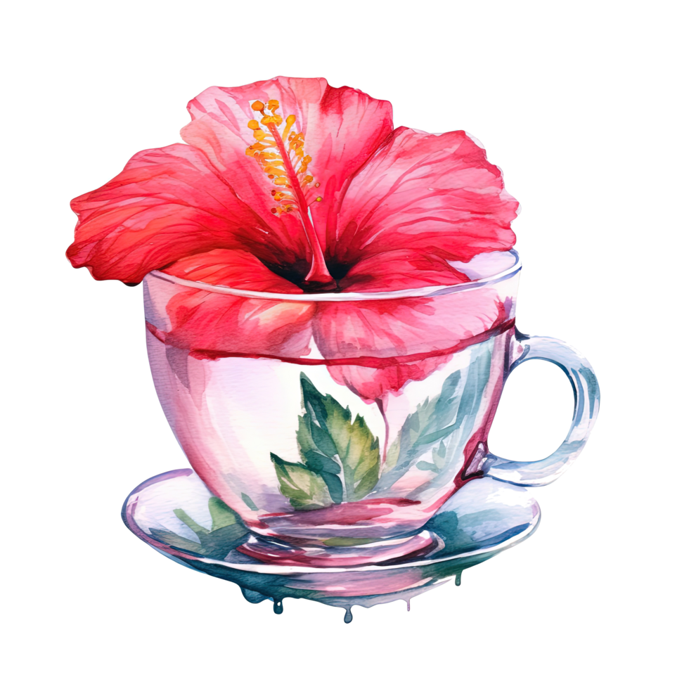 Watercolor tea with hibiscus flower. Illustration png
