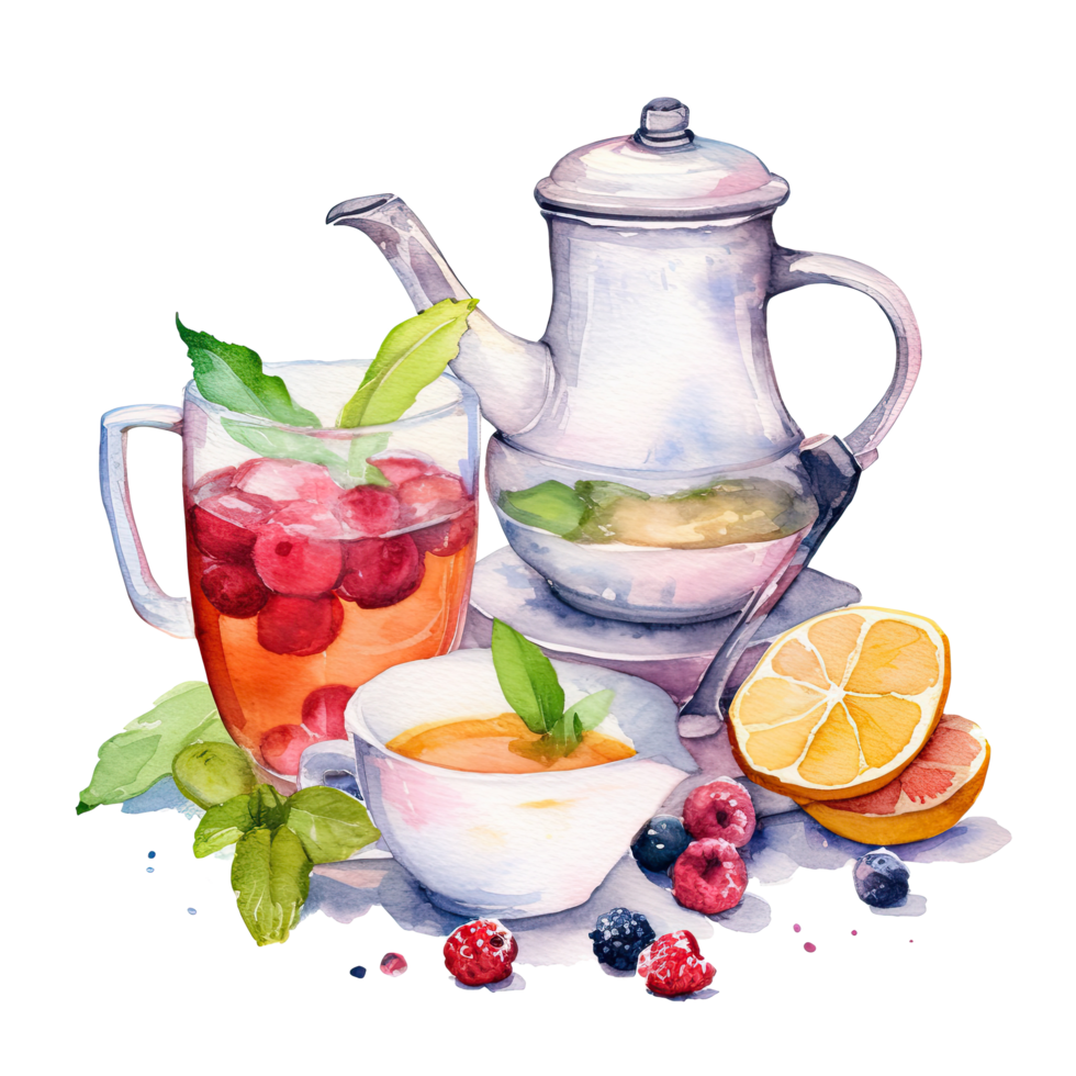 Watercolor tea with teapot. Illustration png