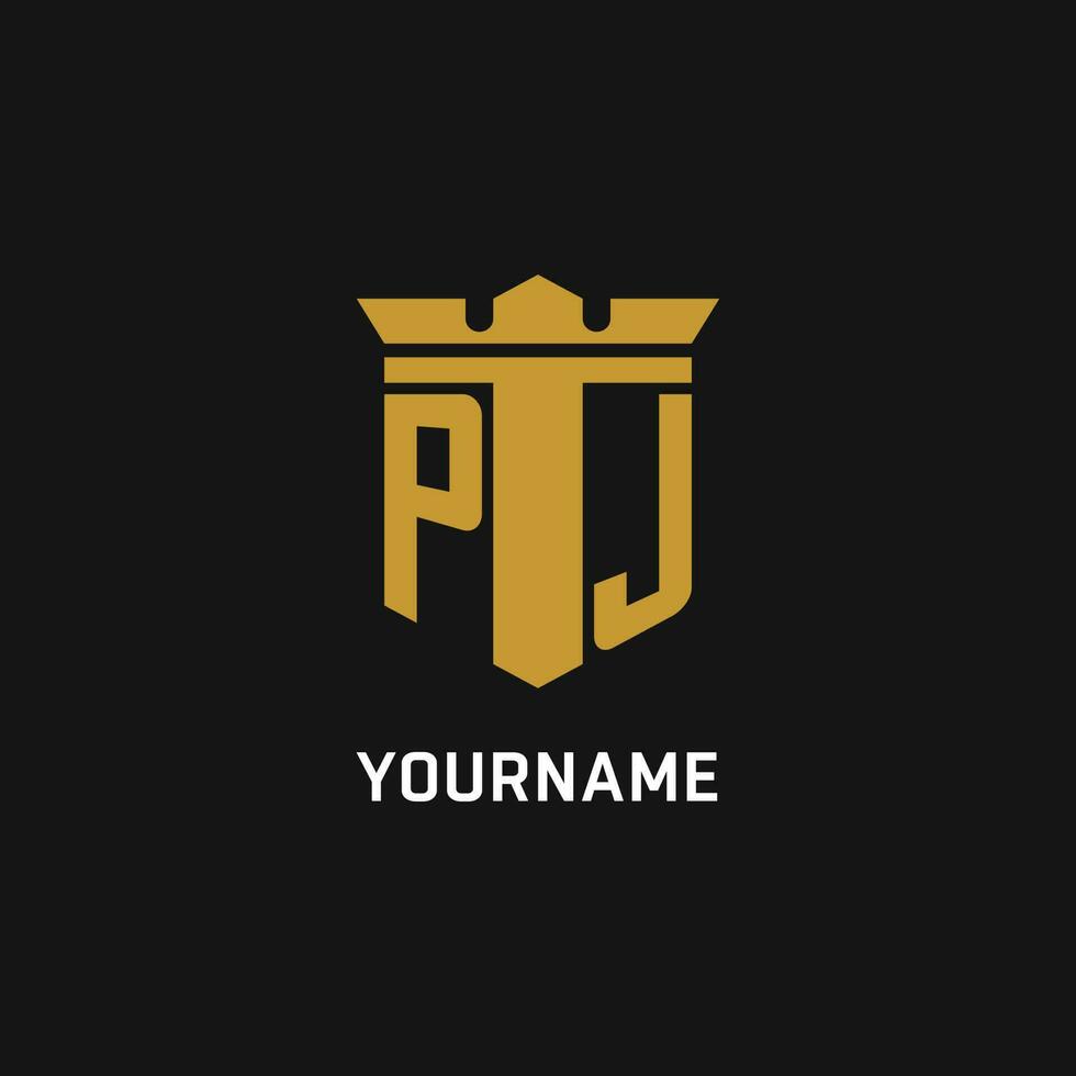 PJ initial logo with shield and crown style vector