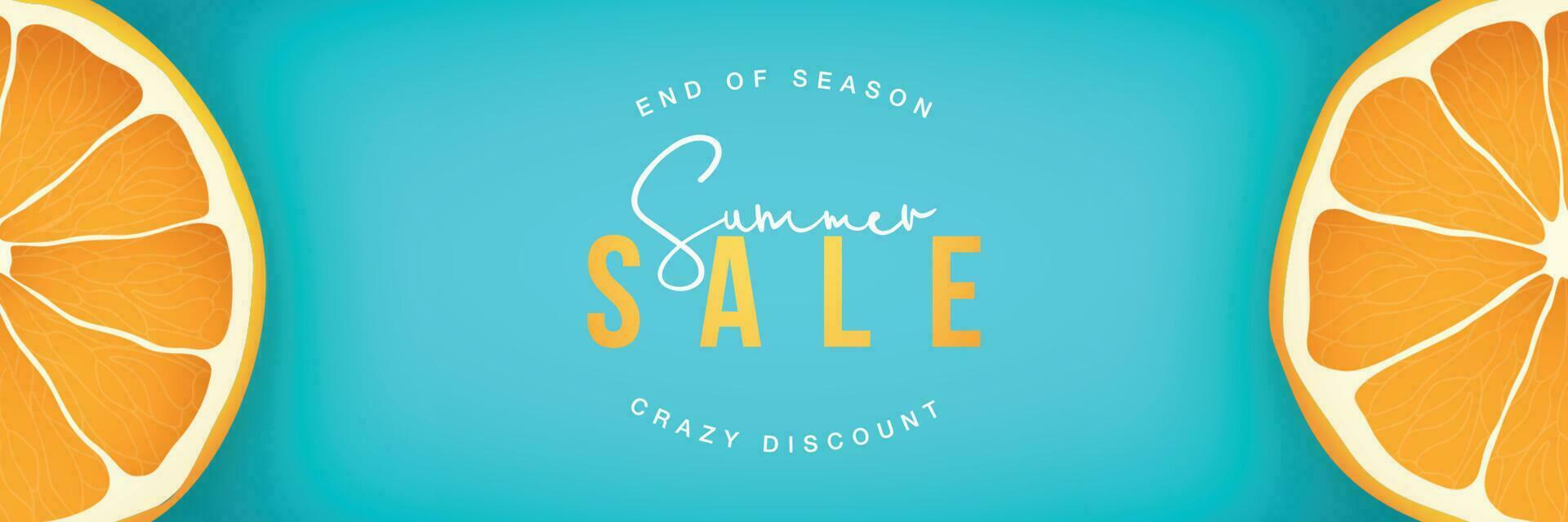 Summer Sale horizontal banner with Orange fruit cutaway. vector