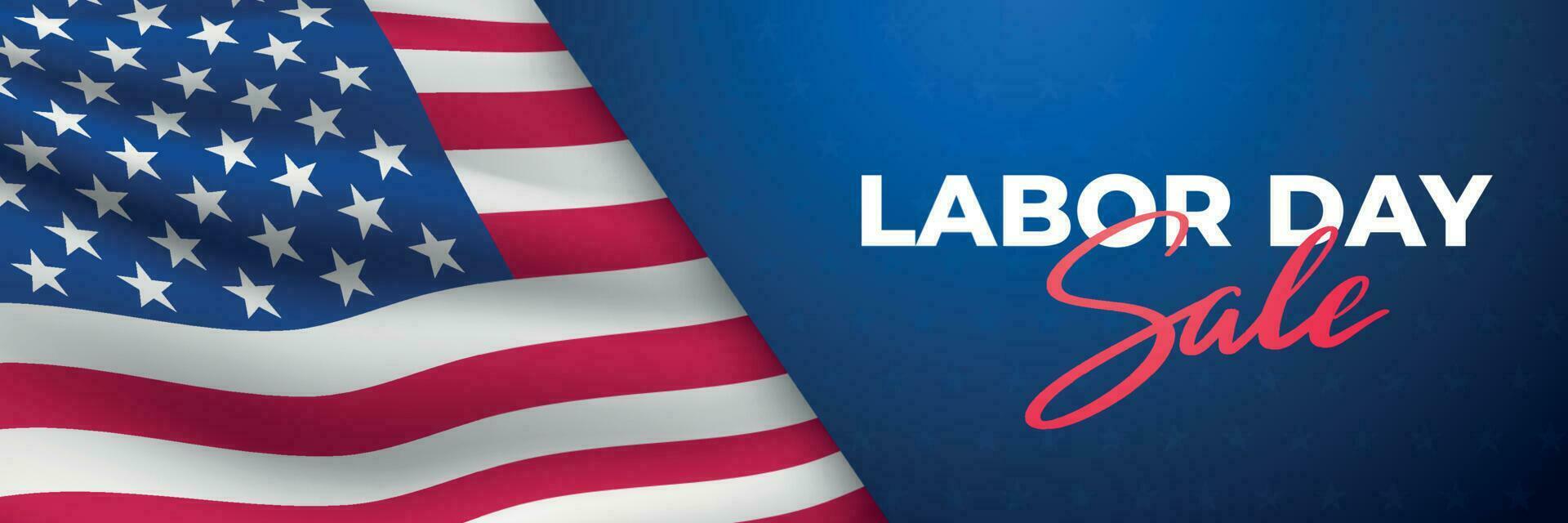 Labor Day Sale horizontal banner. Waving realistic american flag and text. vector