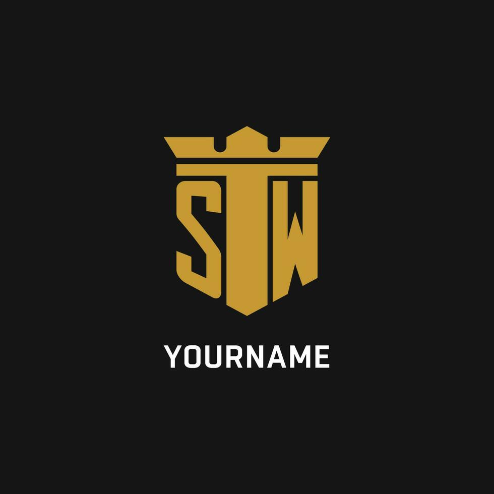 SW initial logo with shield and crown style vector