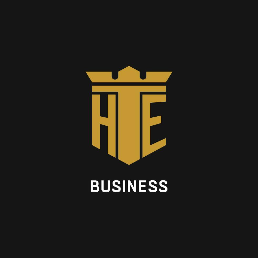 HE initial logo with shield and crown style vector