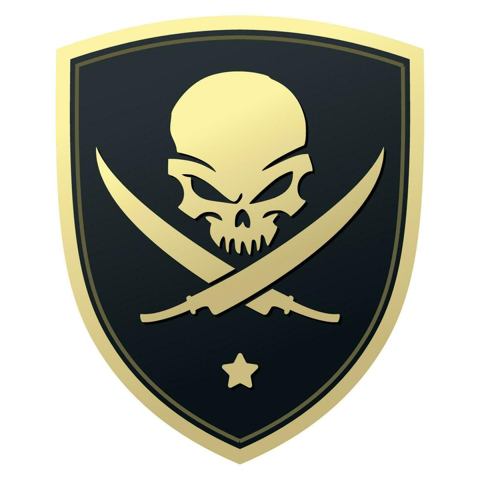 Emblem in the form of a shield and a skull with two crossed daggers vector