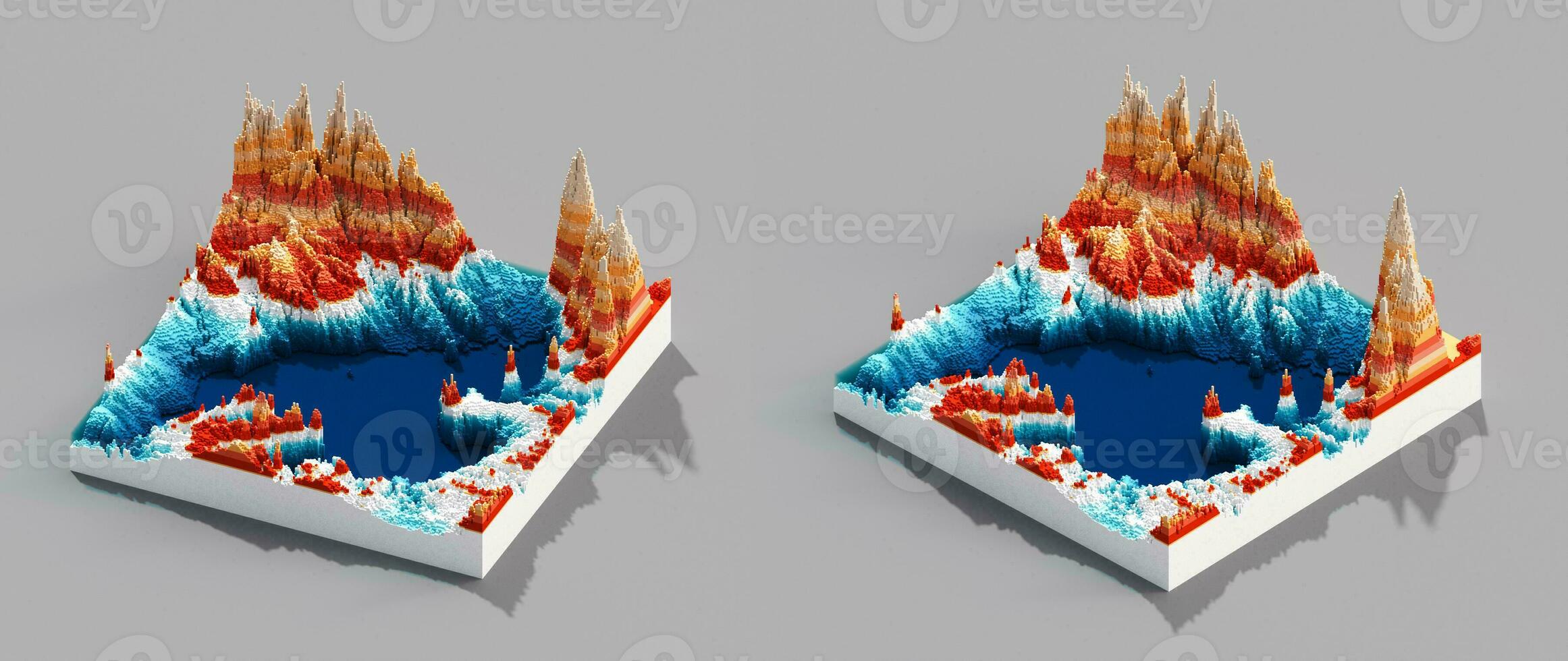 3D illustration voxels, Rocks, mountains and hills. Mountain peak. Landscape terrain map models. photo