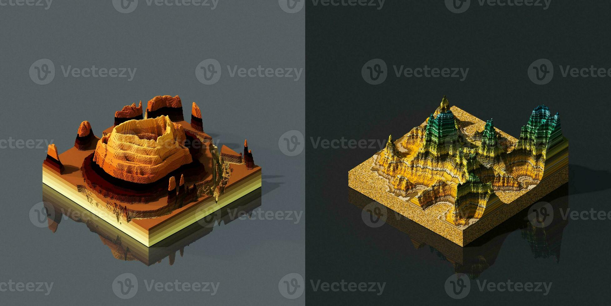 3D illustration voxels, Rocks, mountains and hills. Mountain peak. Landscape terrain map models. photo