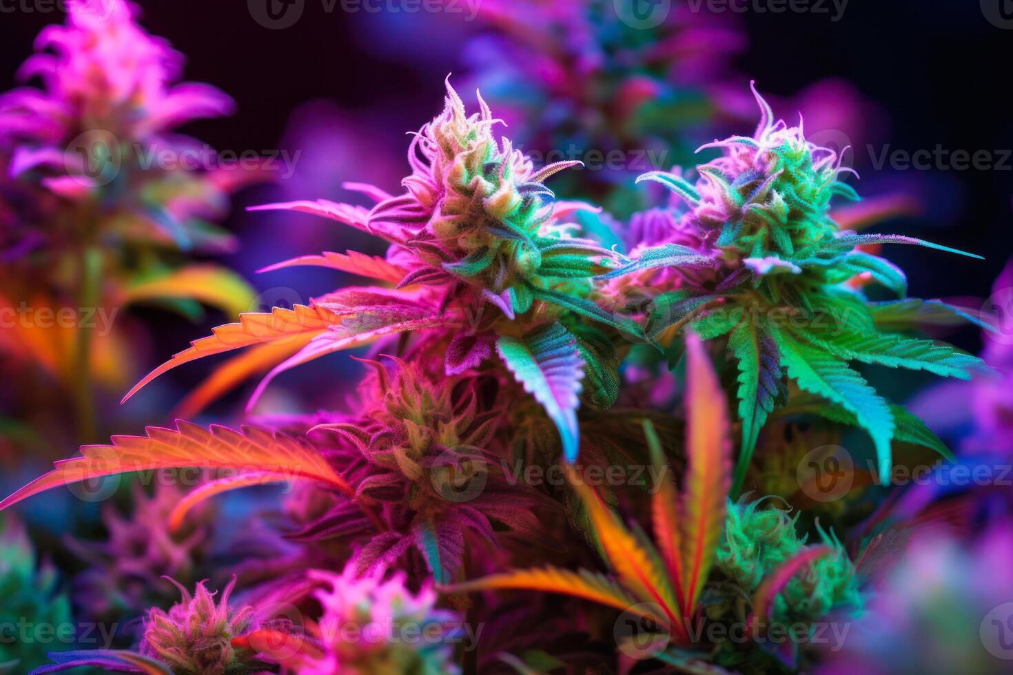 growing cannabis buds in led light beams photo