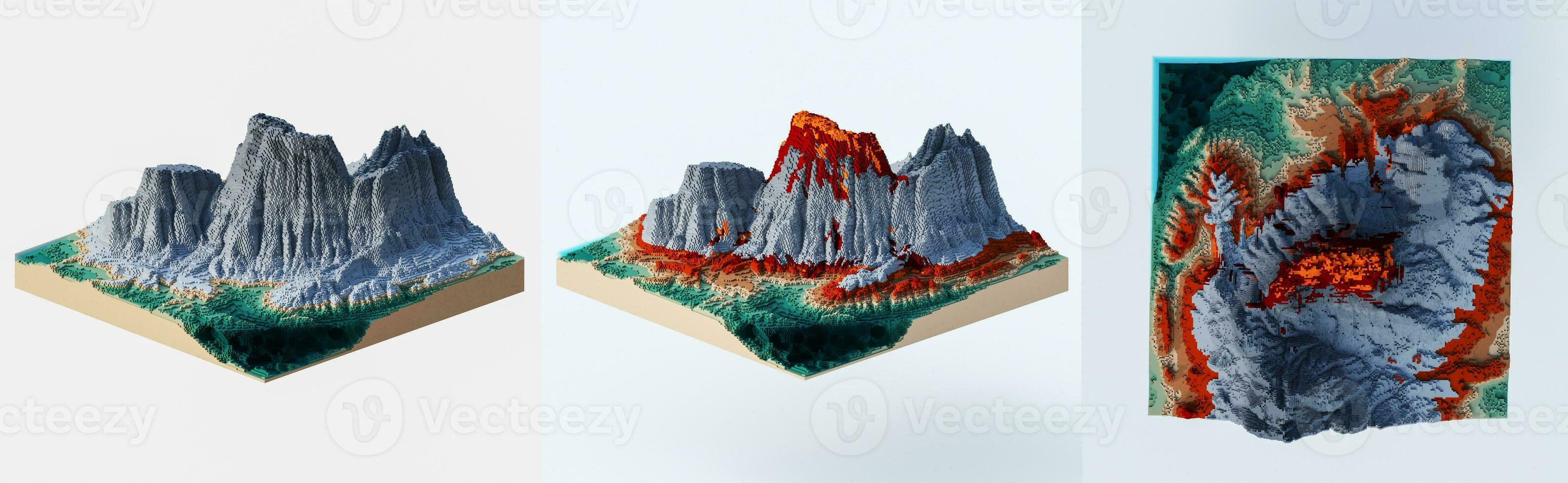 3D illustration voxels, Rocks, mountains and hills. Mountain peak. Landscape terrain map models. photo