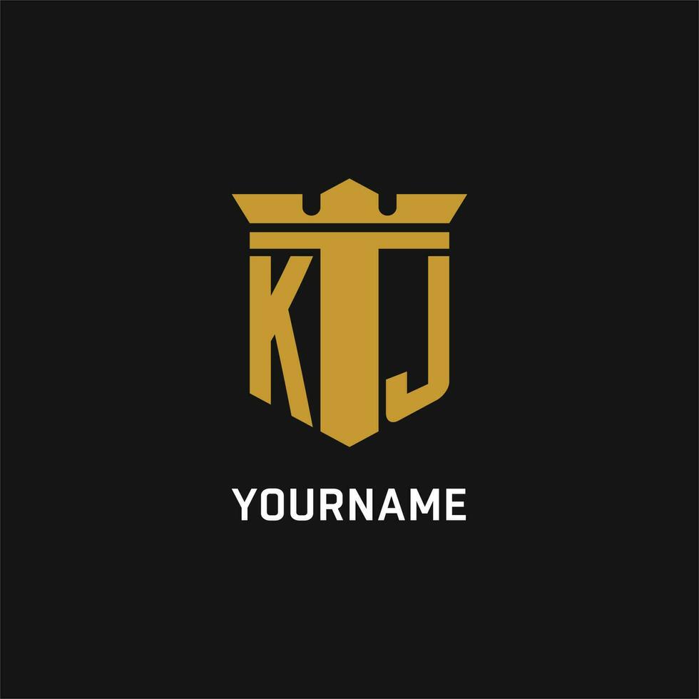 KJ initial logo with shield and crown style vector