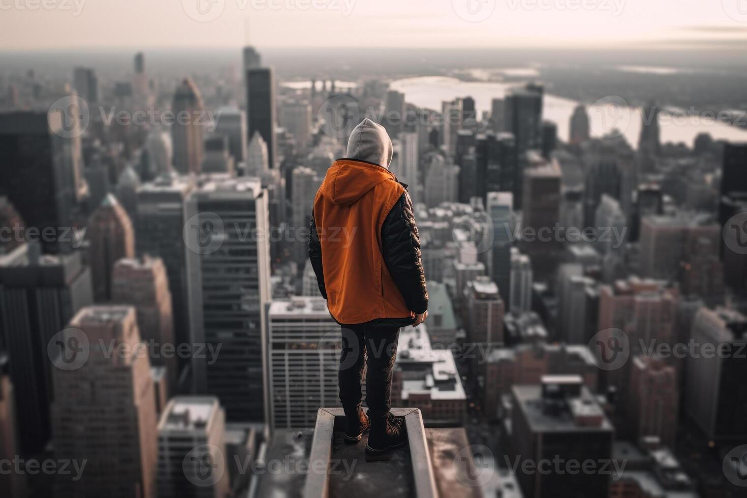 urbano hombre en parte superior de un Alto edificio entre el metrópoli generativo ai foto