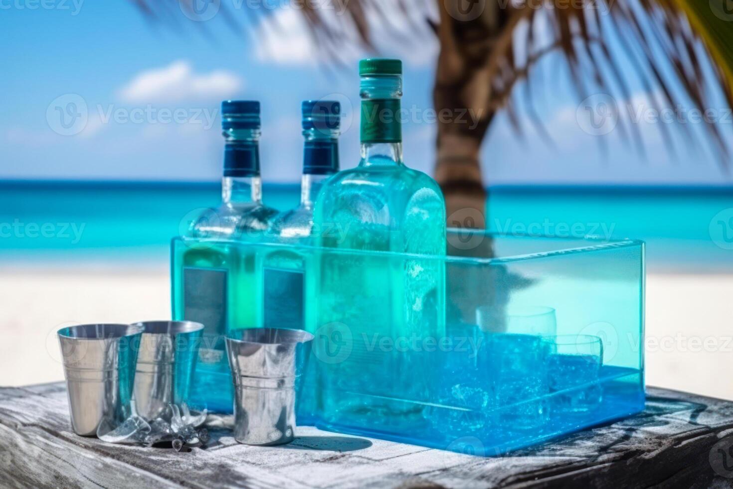 azul botella con alcohólico bebidas con hielo cubo vacaciones por el mar generativo ai foto