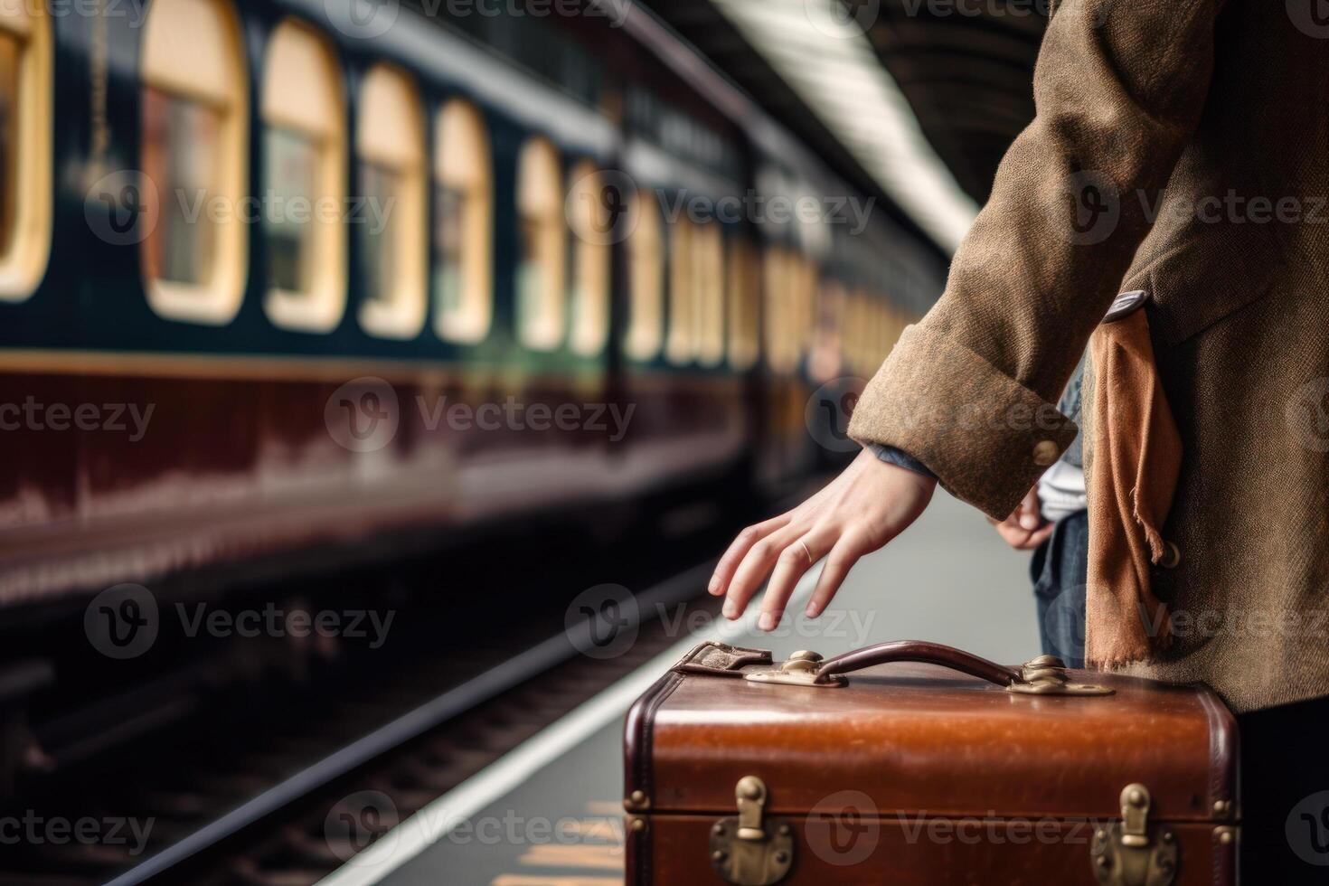 hand woman holding suitcase traveling waiting train on the platform photo