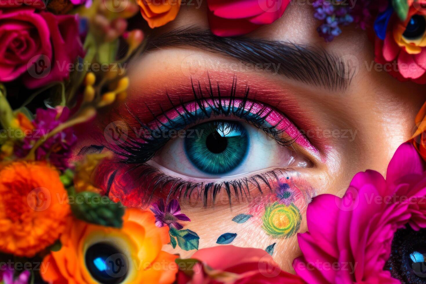 hembra ojo con carnaval maquillaje en flores, feminidad belleza piel cuidado generativo ai foto