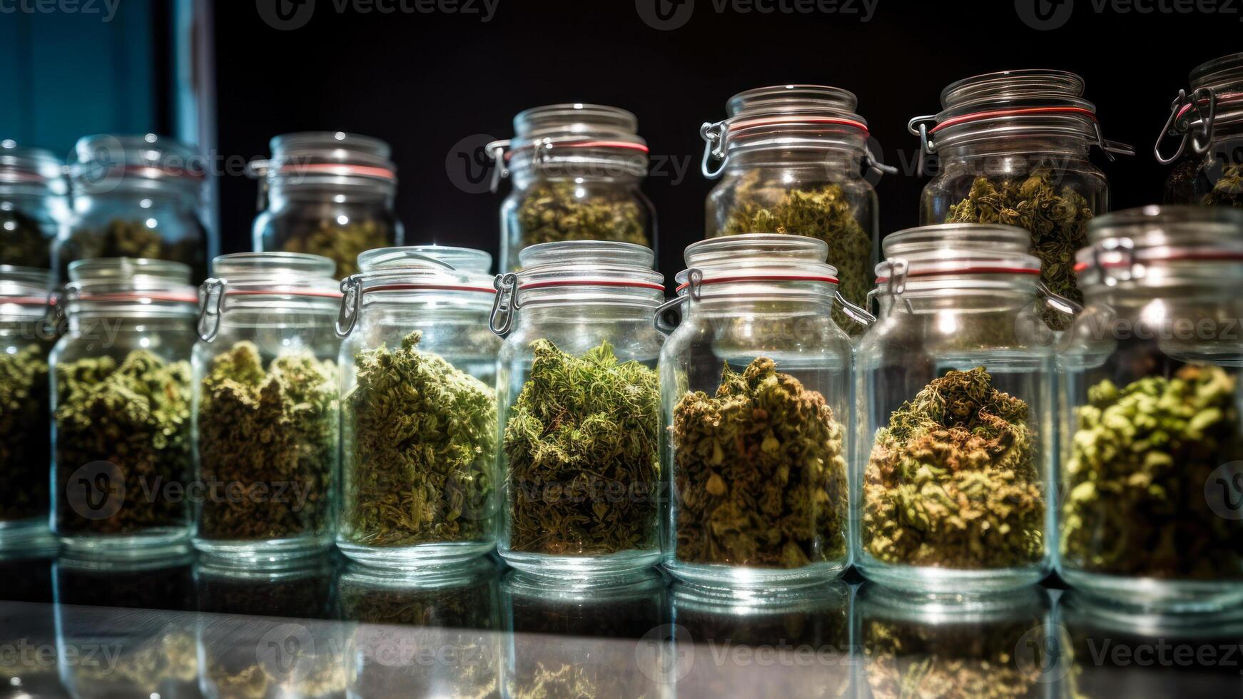 glass jars with different strain of cannabis display case with buds of medical marijuana photo