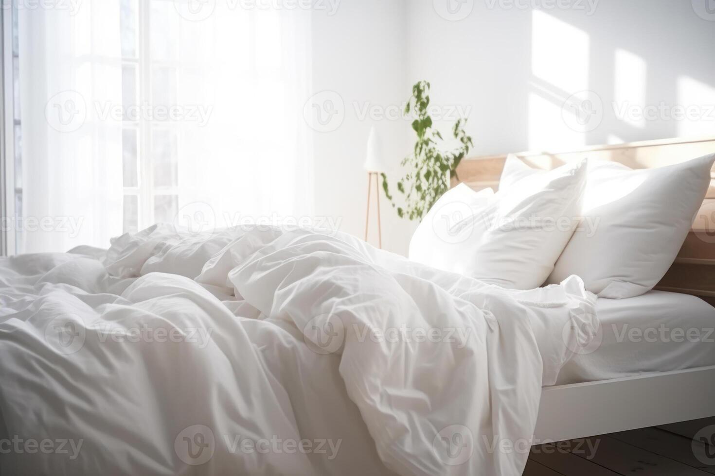 Mañana blanco cama en el dormitorio iluminado por luz de sol generativo ai foto
