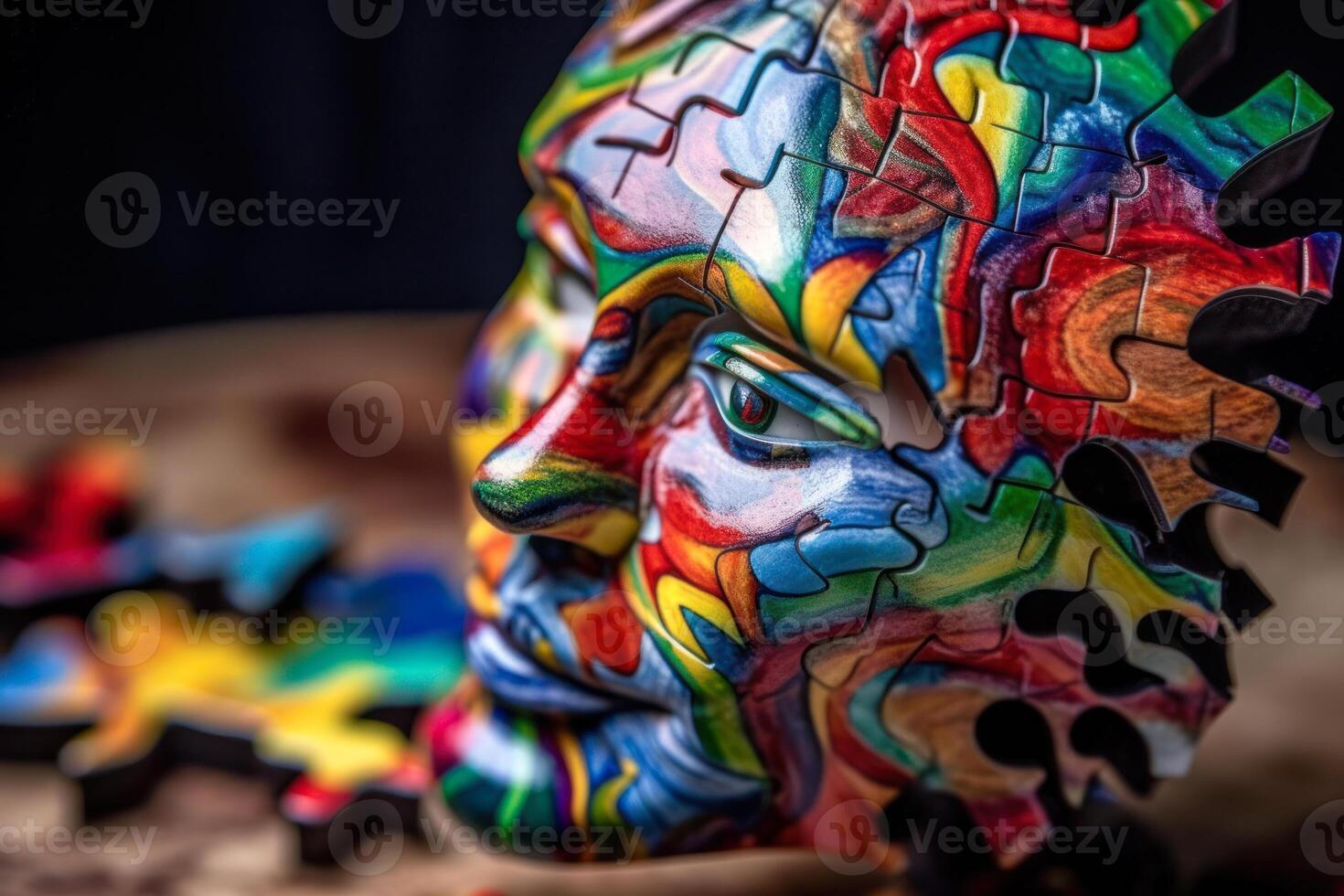 human head from colorful puzzles, psychological disorder autism photo