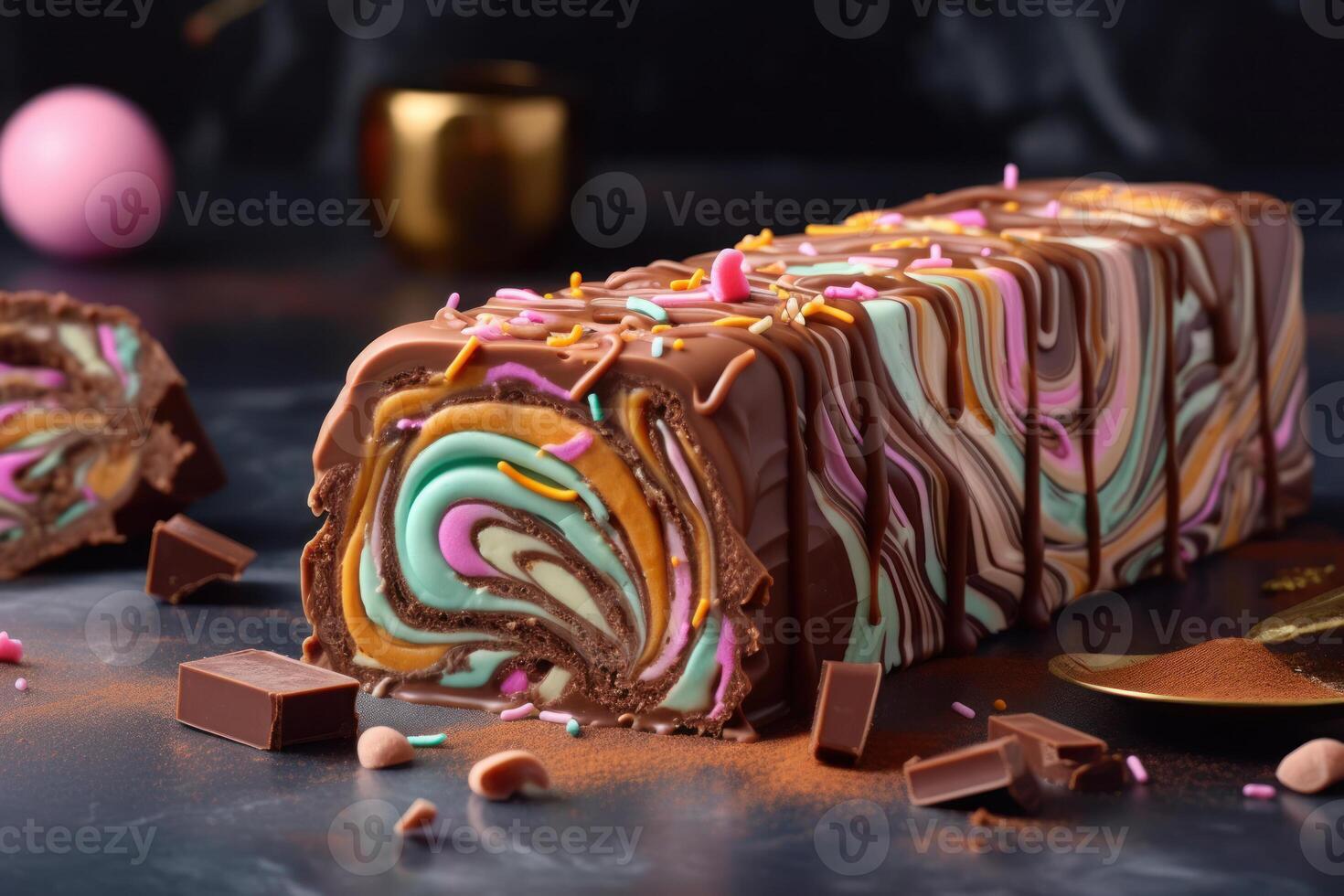chocolate ice cream roll in assorted fruit flavors photo